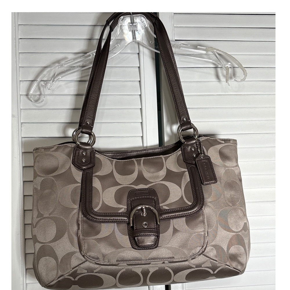 Coach Taylor Signature Sateen Tote Bag Khaki Bronze Metallic Leather F25294